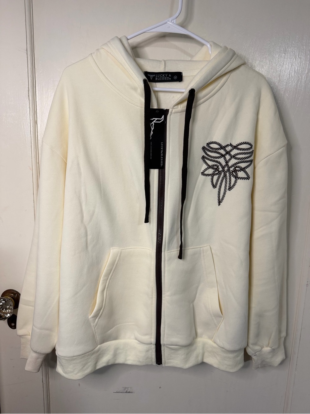 Lucky & Blessed Cream Zip Hoodie with Dark Brown Trim